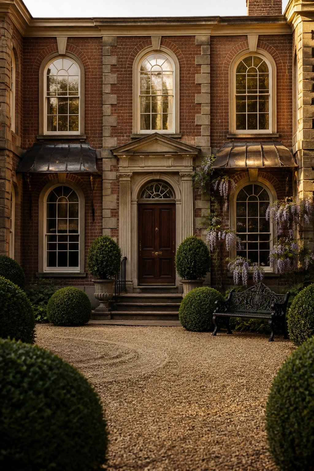 A red brick house exterior with a central dark wood door under a stone pediment, flanked by three large arched windows and potted shrubs on gravel.