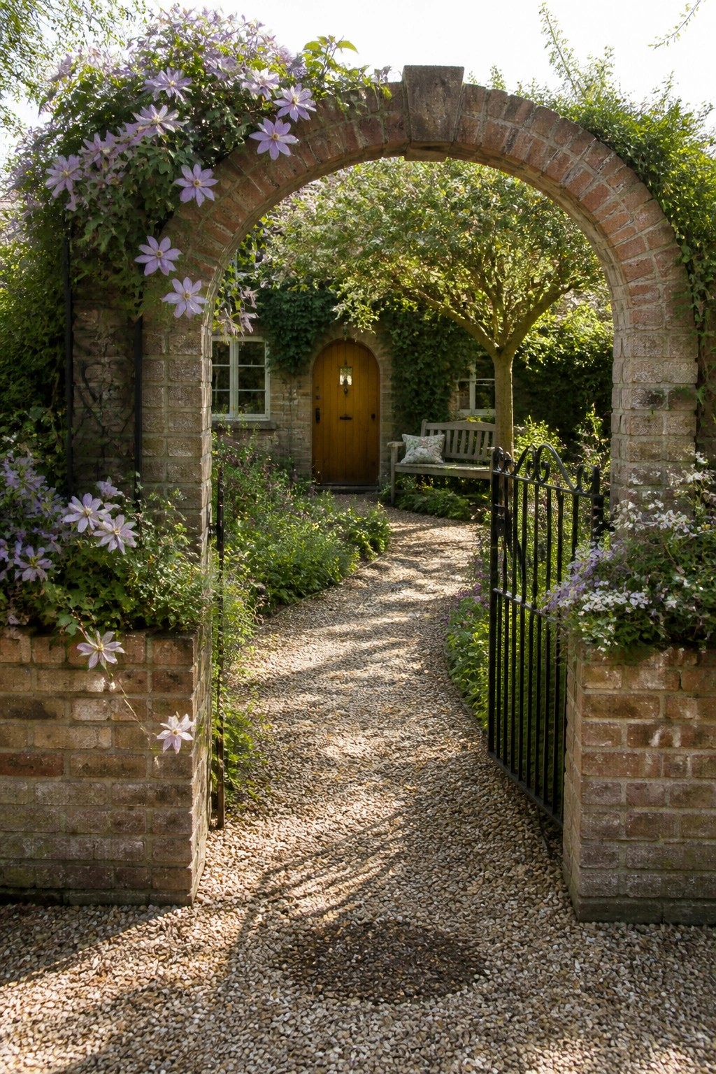Brick arch draped in purple blooms frames gravel path to yellow door.