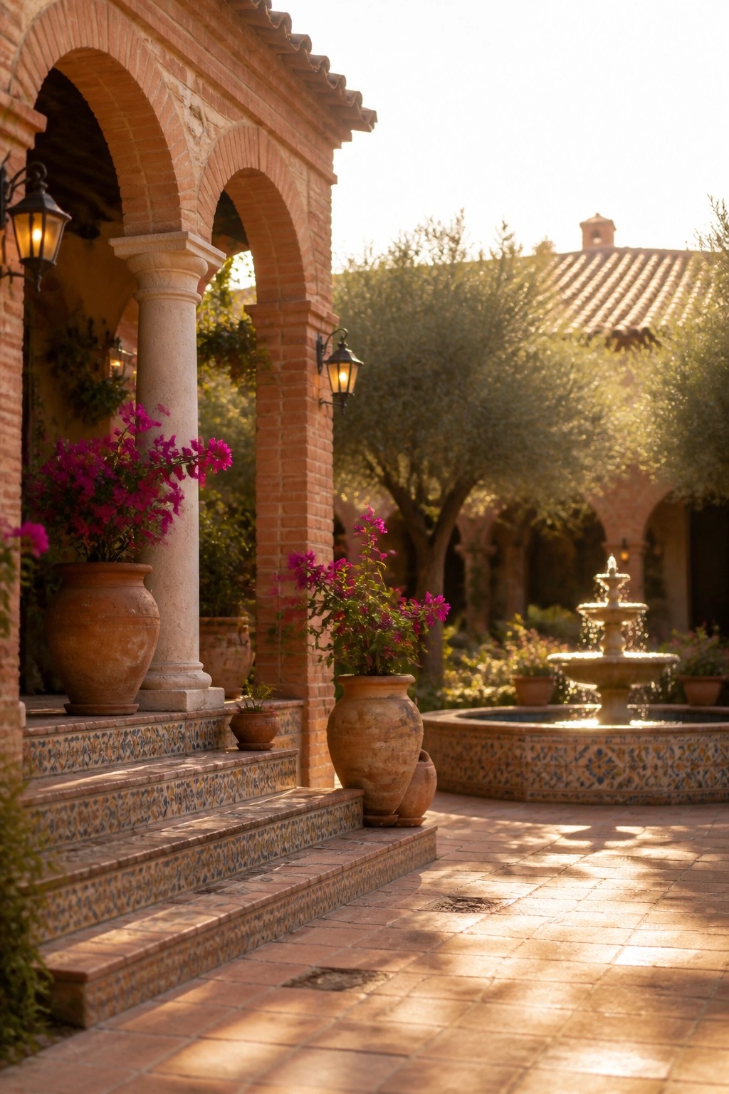 Brick house exterior featuring a covered entry with arched openings, white columns, tiled steps holding terracotta pots of magenta flowers, and a stone fountain visible in the courtyard beyond.