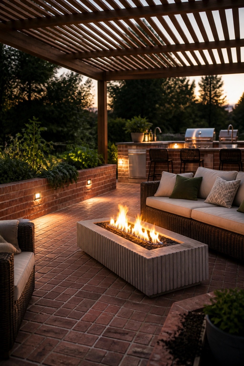 An outdoor patio with a rectangular concrete fire pit on brick paving, surrounded by wicker seating under a wooden pergola, with low brick walls, an outdoor kitchen, and dusk lighting.