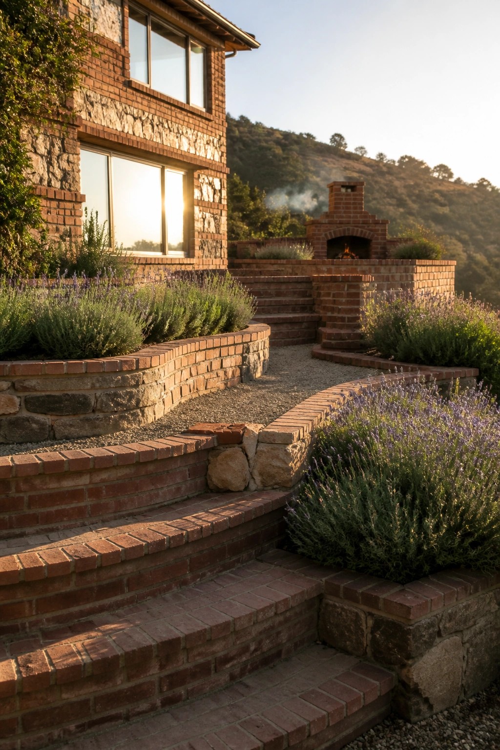 A two-story brick house with stone accents features terraced brick and stone steps, retaining walls, and a brick outdoor fireplace set among lavender and shrubs on a hillside.