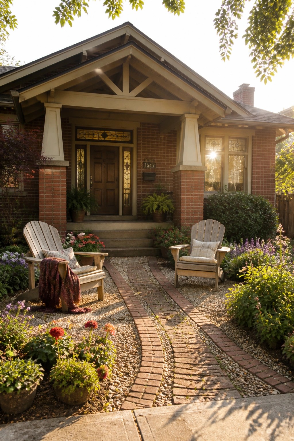 A brick house with a covered porch, two wooden Adirondack chairs placed on gravel beside a curved brick path, and flowering plants in the front beds.