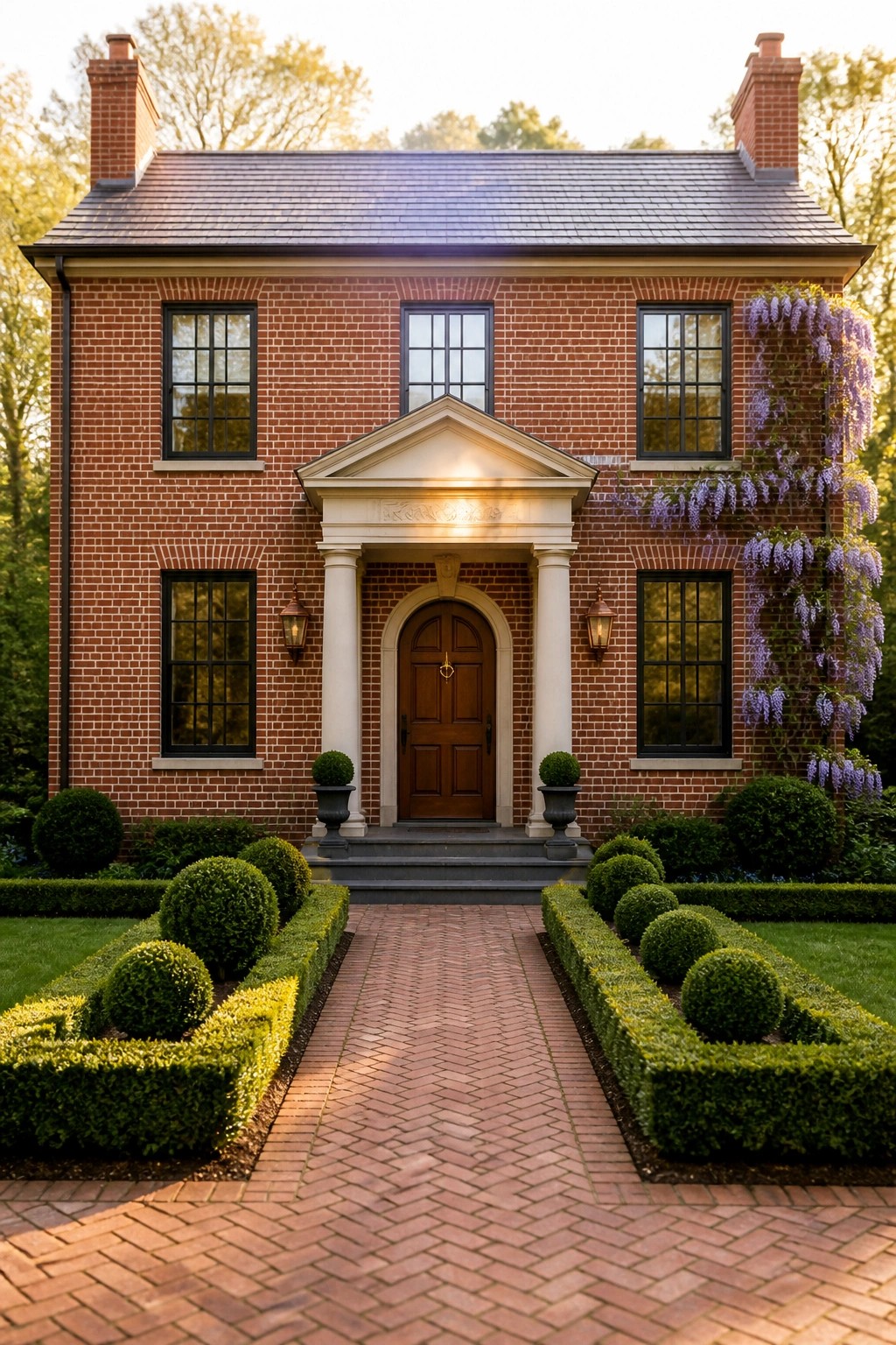 A two-story red brick house with a centered white portico entry, wooden door, and symmetrical windows, approached by a herringbone brick walkway with boxwood hedges.
