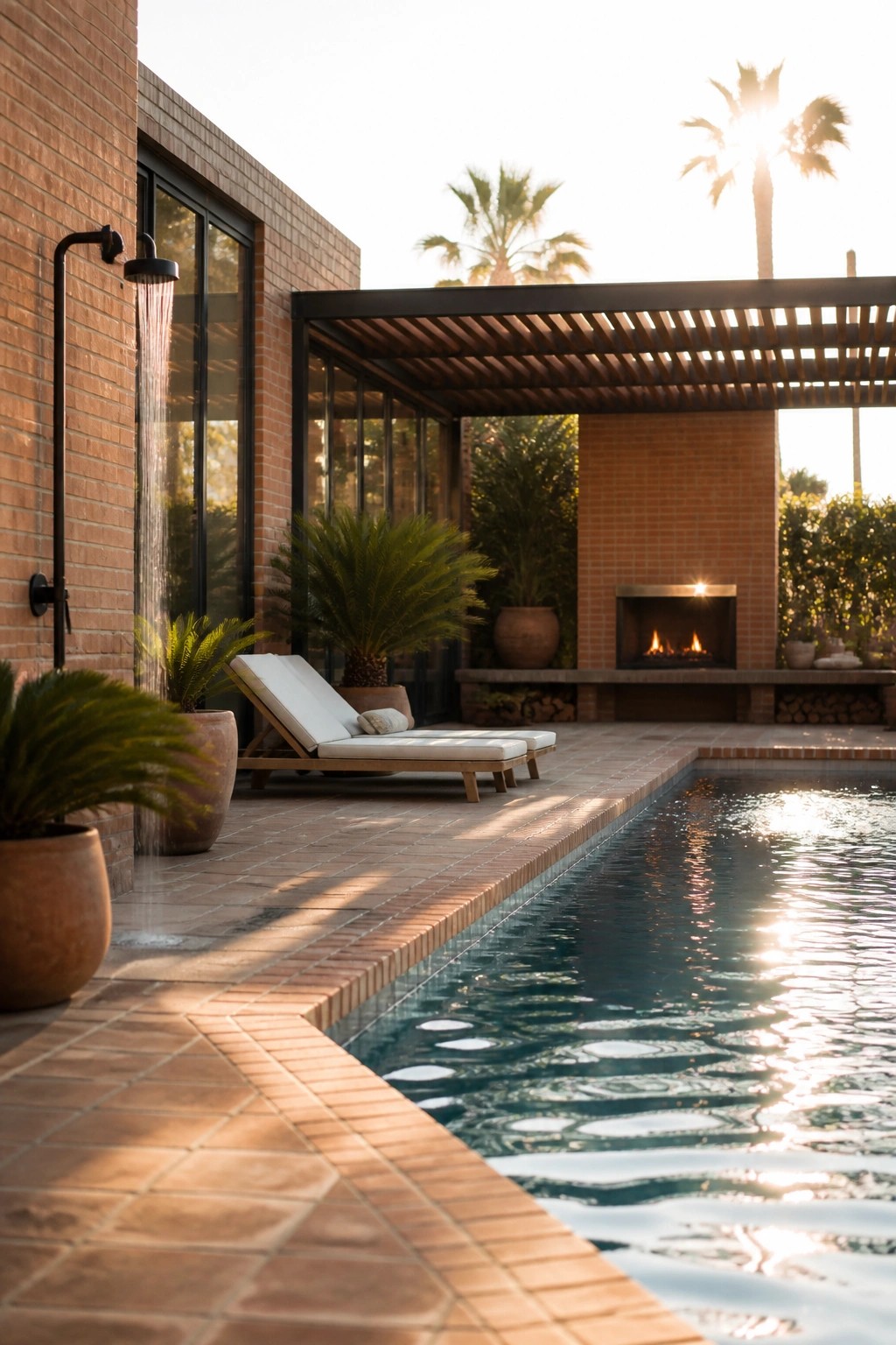 A backyard pool area with a brick house, wooden pergola over lounge chairs, outdoor fireplace, and wall-mounted shower.