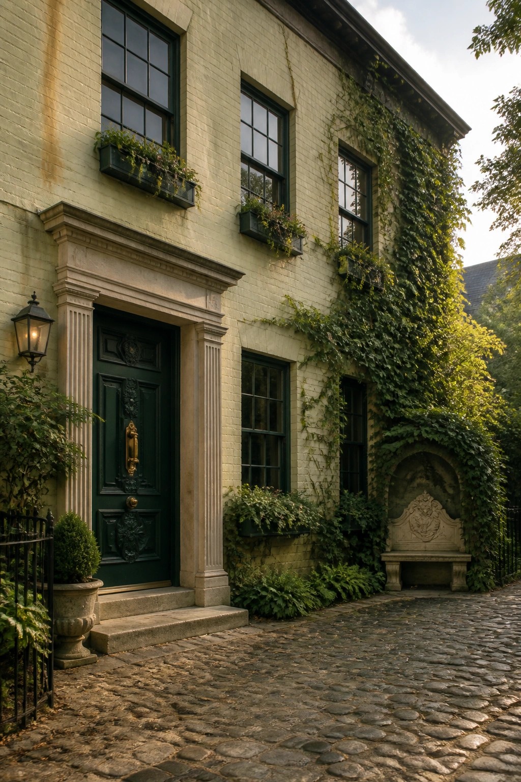 A cream brick house exterior with dark green door and windows, ivy climbing the right side of the facade, window boxes with flowers, and a cobblestone path in front.