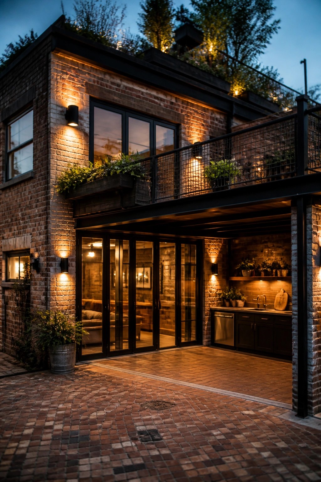 Brick house at dusk with outdoor kitchen, patio, balcony, and warm lighting.