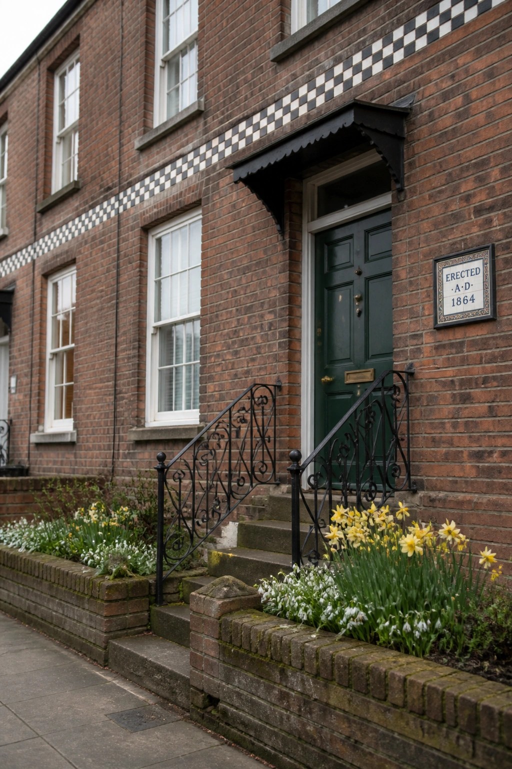 Front view of a red brick house showing a green paneled door with black awning, white window frames, a black and white checkered tile band, and daffodils planted along low brick garden walls.