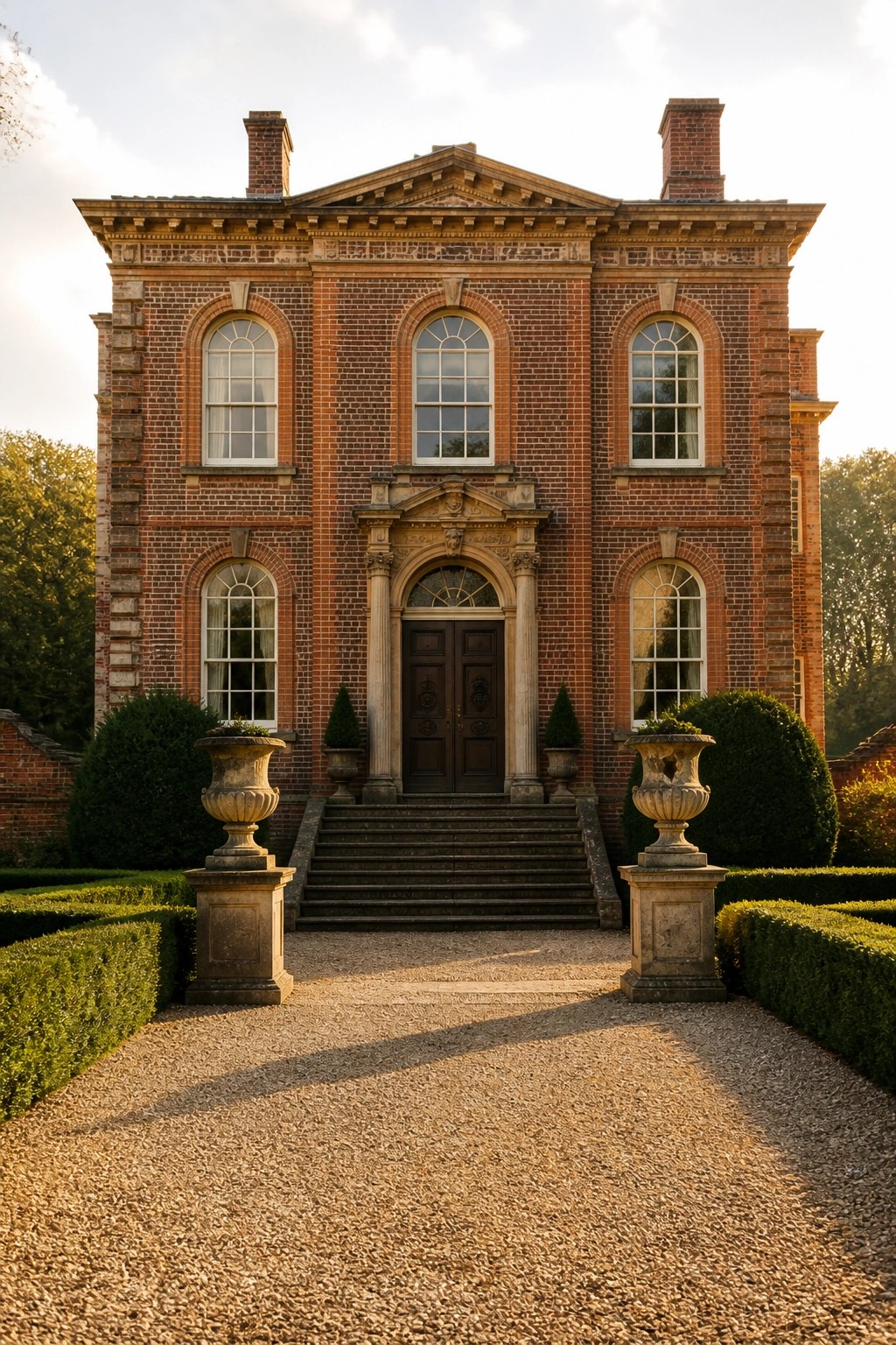 Red-brick mansion entrance with arched windows, double doors, steps, and stone urns.