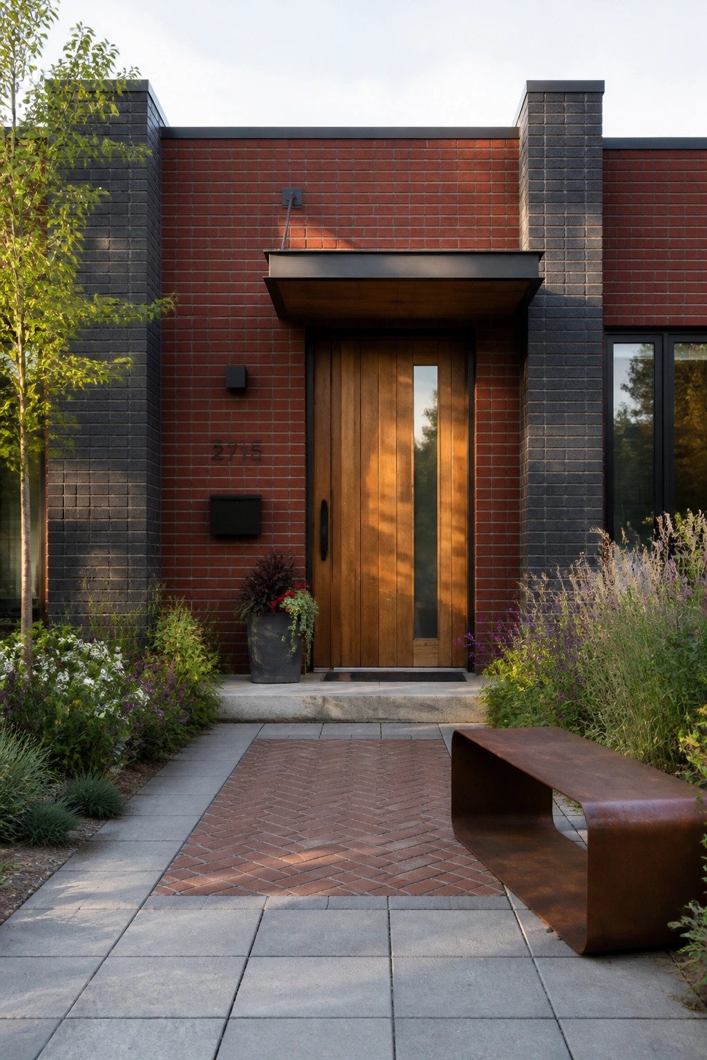 Front view of a red brick house with a tall vertical wood door, narrow glass panel, dark metal canopy, and dark brick pillars on either side.