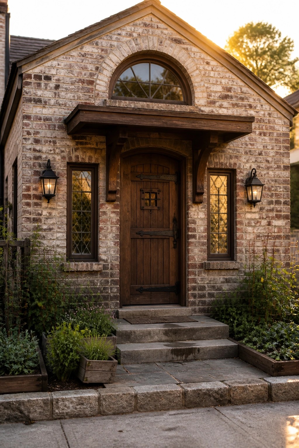 A brick house exterior featuring a dark wooden front door beneath a wooden canopy, an arched window above the door, two small side windows with lanterns, and stone steps leading to the entrance.