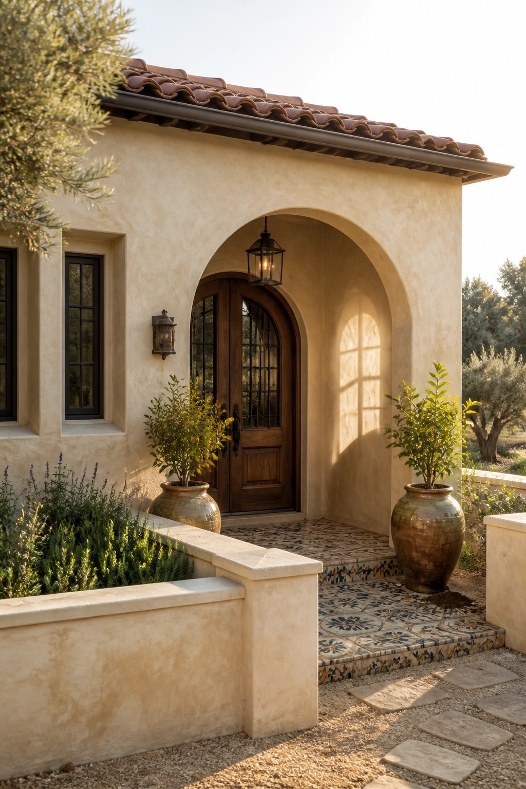 A stucco house exterior featuring a large arched wooden door, black lantern, patterned tile steps, and two large ceramic pots with greenery on either side of the entrance.