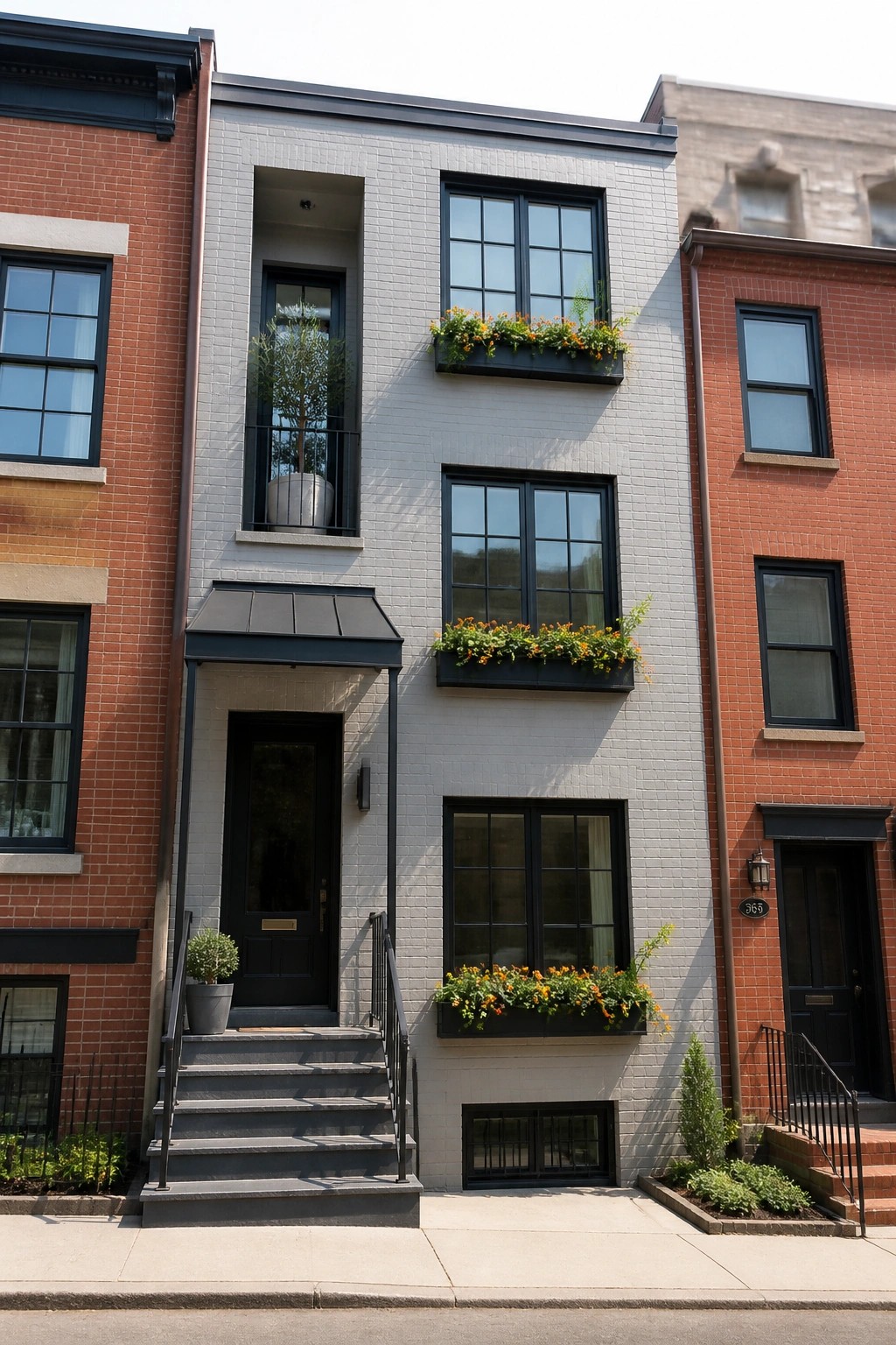 A row of brick townhouses showing the central home with light gray brick, black-framed windows, black door, and flower boxes.