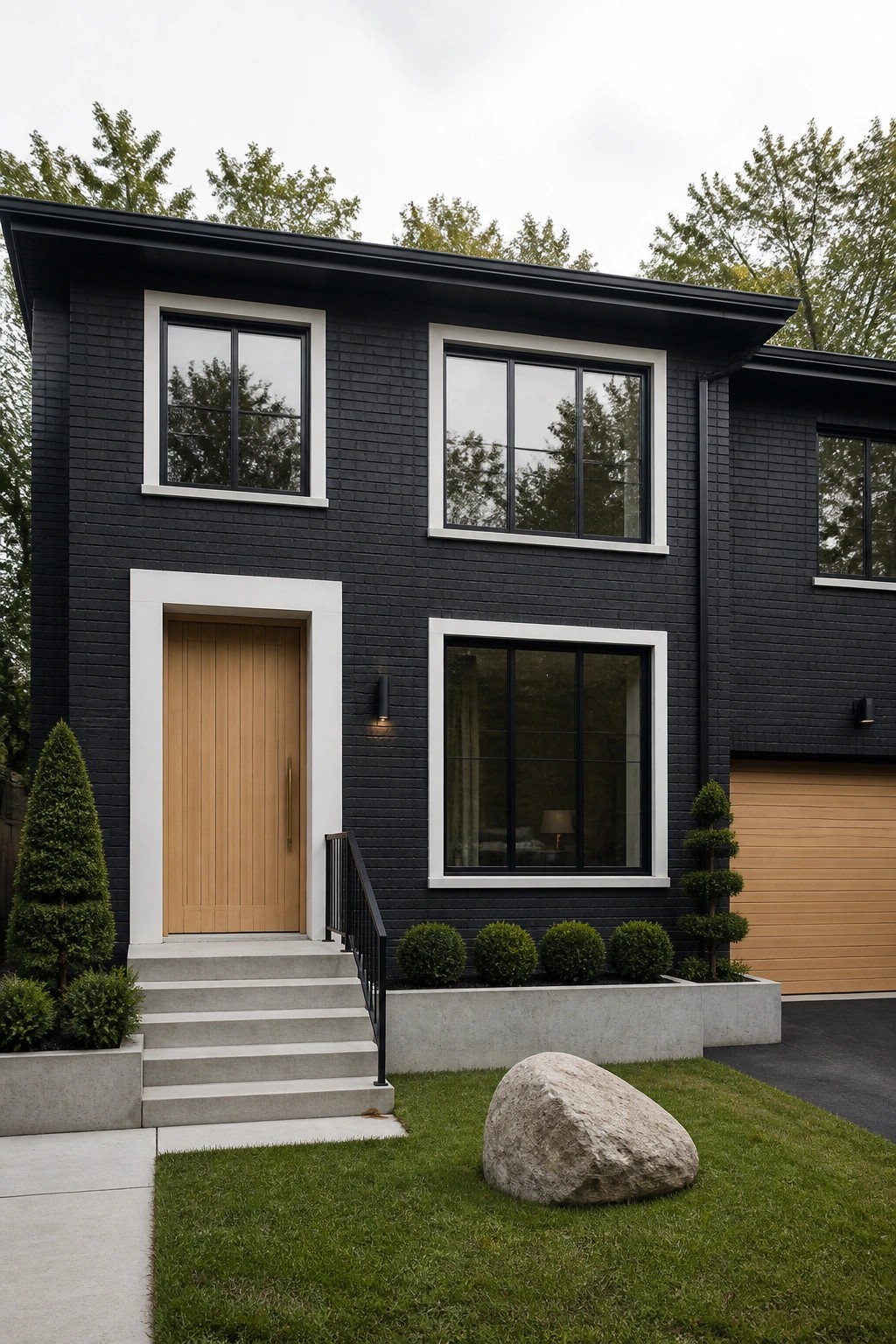 Front view of a two-story black brick house with white trim around the windows and door, a light wood front door, concrete steps, and a small lawn with a large rock.