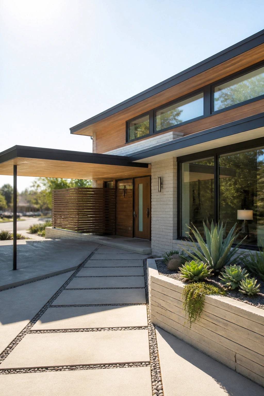 Modern house exterior with a flat roof overhang on a black post, wooden ceiling, and a stone pathway leading to double front doors.