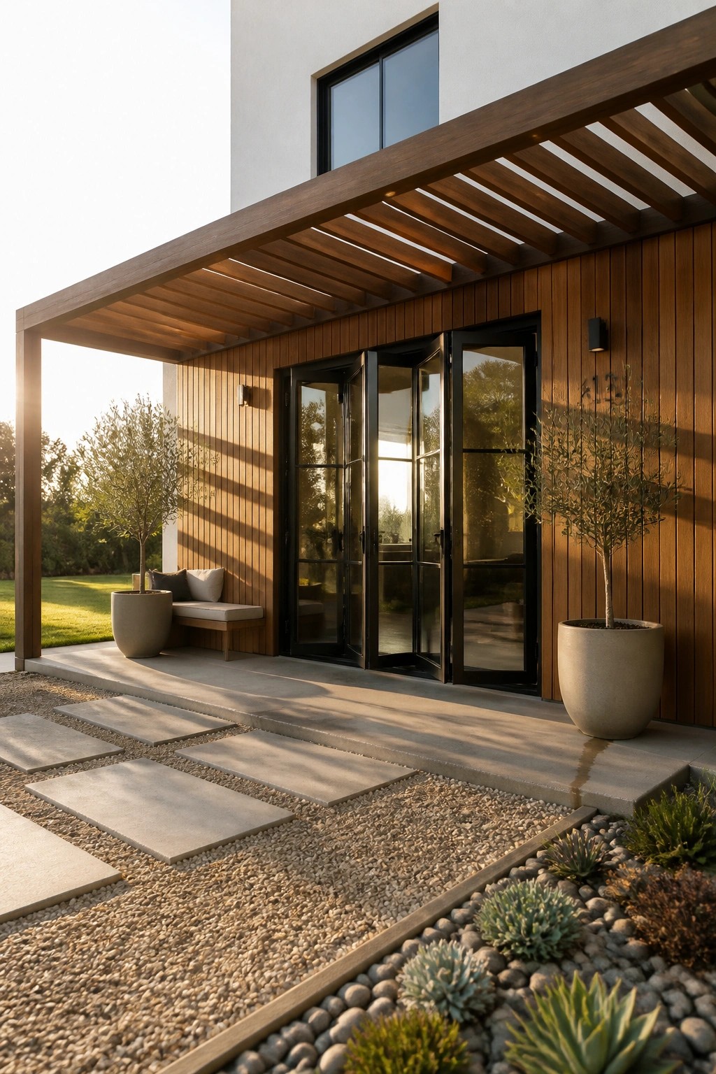 Modern house exterior featuring vertical wood siding, black-framed glass doors, a slatted wooden overhang, large potted trees, a bench, and a gravel path with stone pavers.