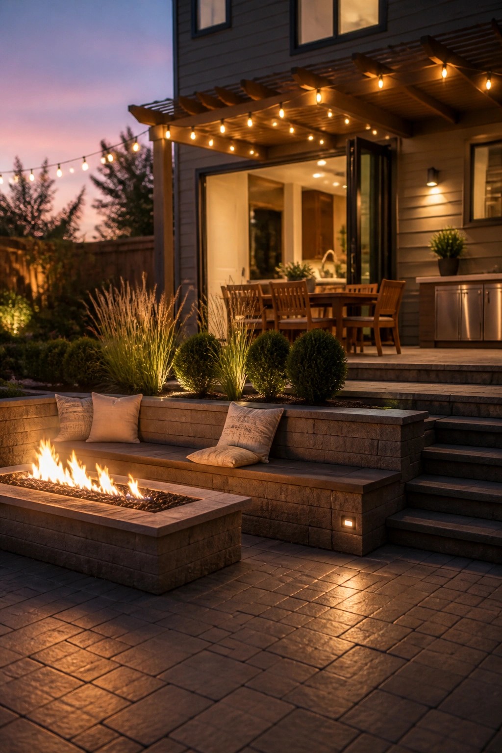 A dusk backyard patio with a rectangular stone fire pit burning in front of built-in bench seating with pillows, string lights on a pergola overhead, and an open sliding door revealing an indoor dining area.