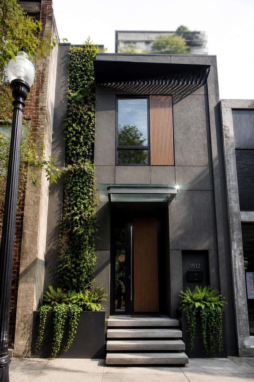 Modern narrow house with dark gray facade and tall vertical garden of green plants along the left side next to the entrance.