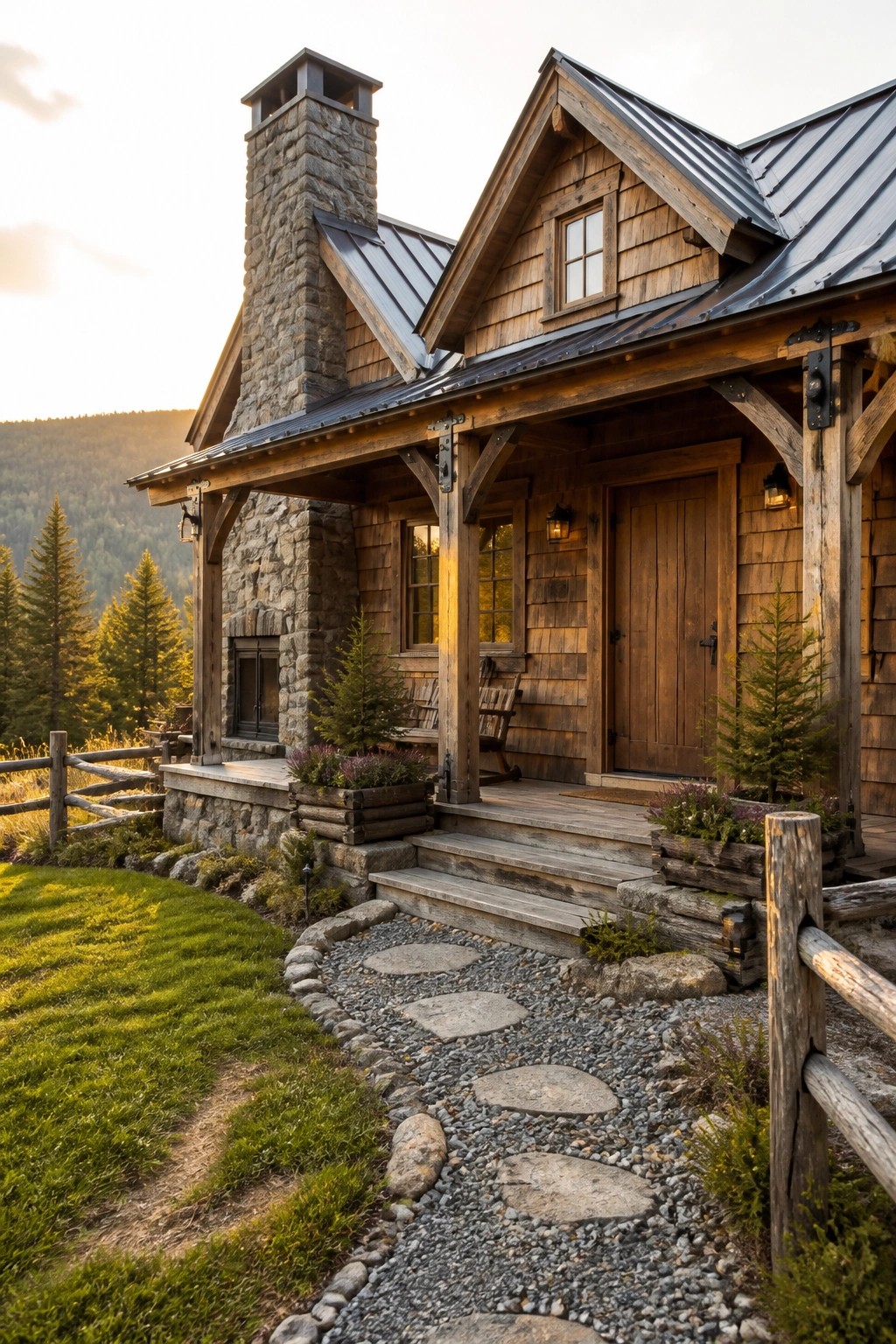 A wooden house with a large stone chimney, covered porch, and stone pathway leading to the front door, surrounded by trees and hills.
