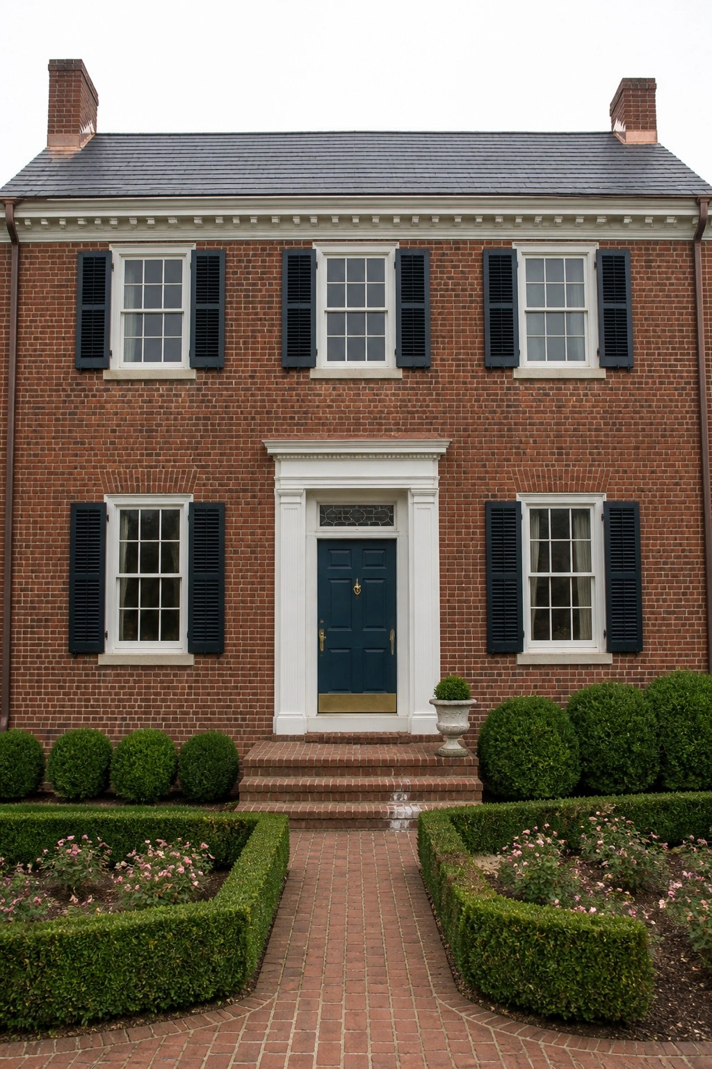 A two-story red brick house with black shutters, white trim, and a deep blue front door centered above brick steps with boxwood shrubs and flower beds on either side.