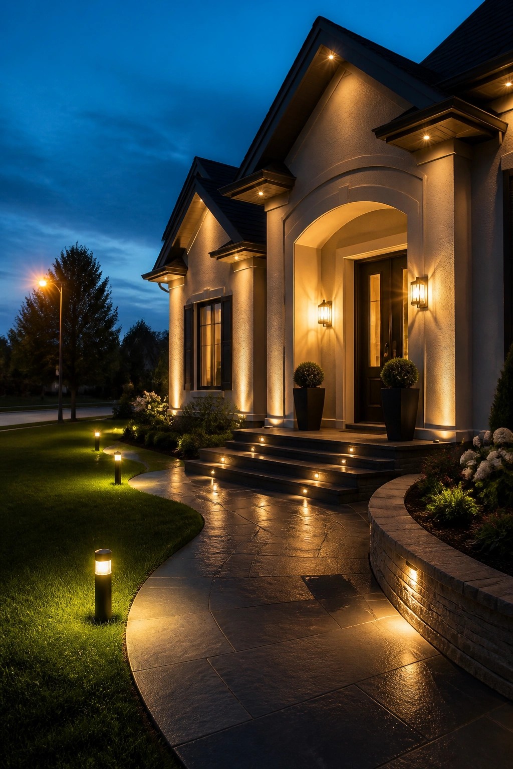 Illuminated house entrance with warm lights along stone path and steps at night