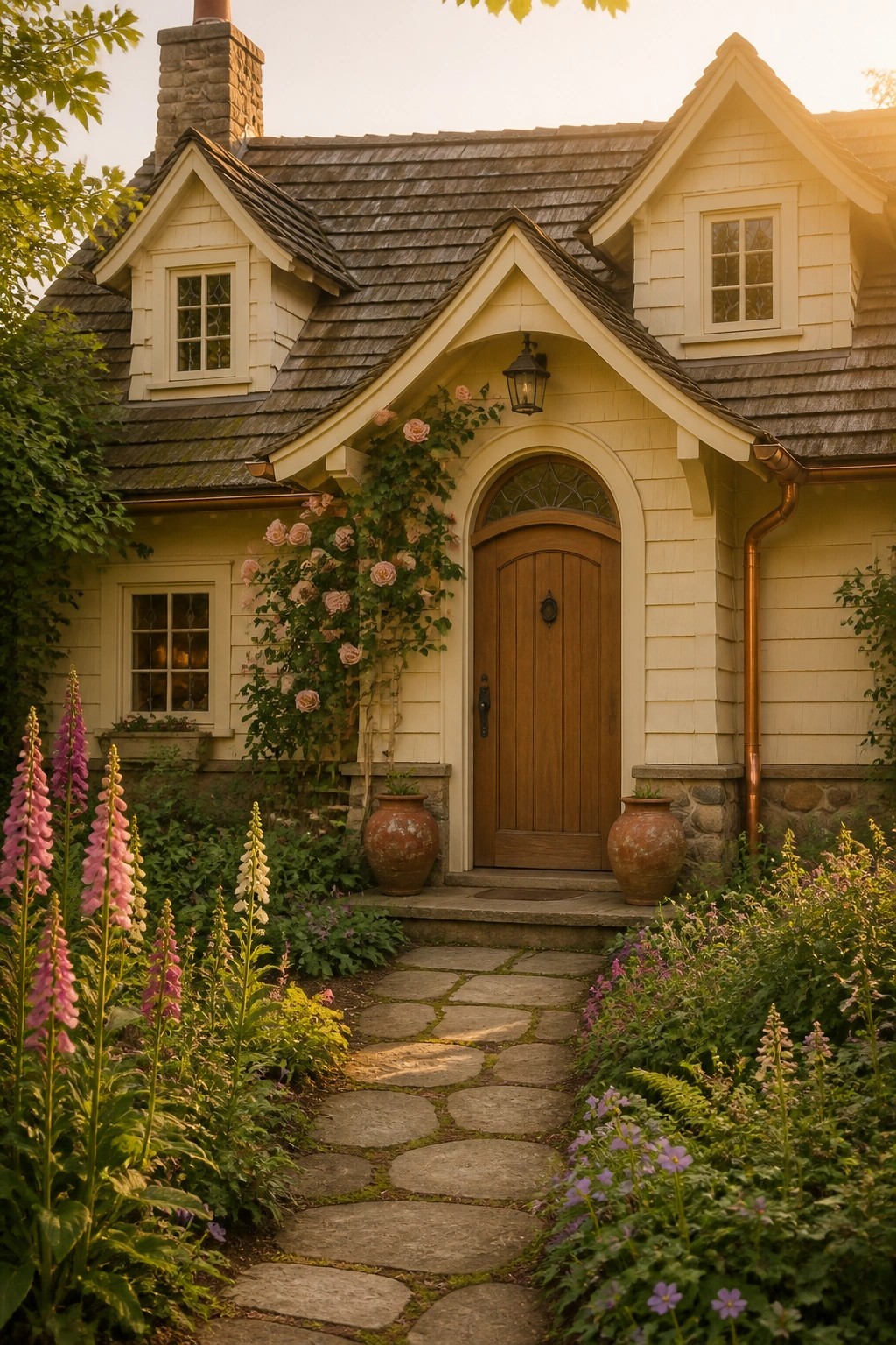 A light yellow cottage exterior with a wooden front door set under an arched entry, pink roses climbing the wall beside it, and a stone path leading through garden beds.