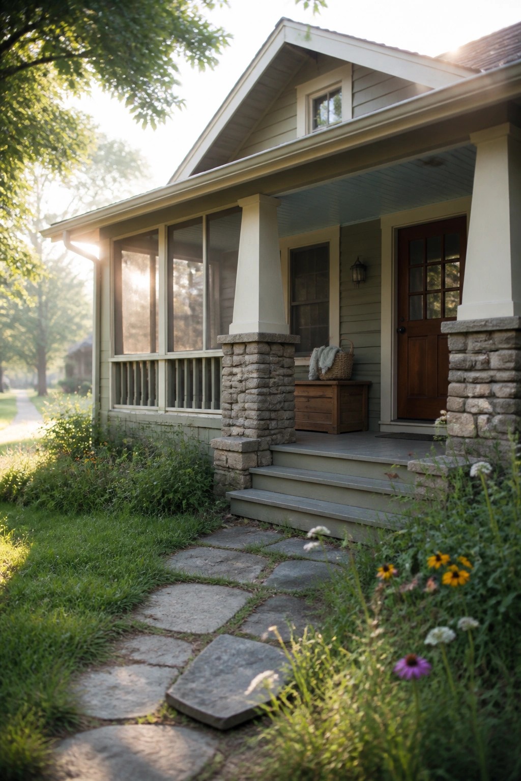 A light green house with a front porch, stone pillars, and a flagstone path leading through grass and flowers to the steps.