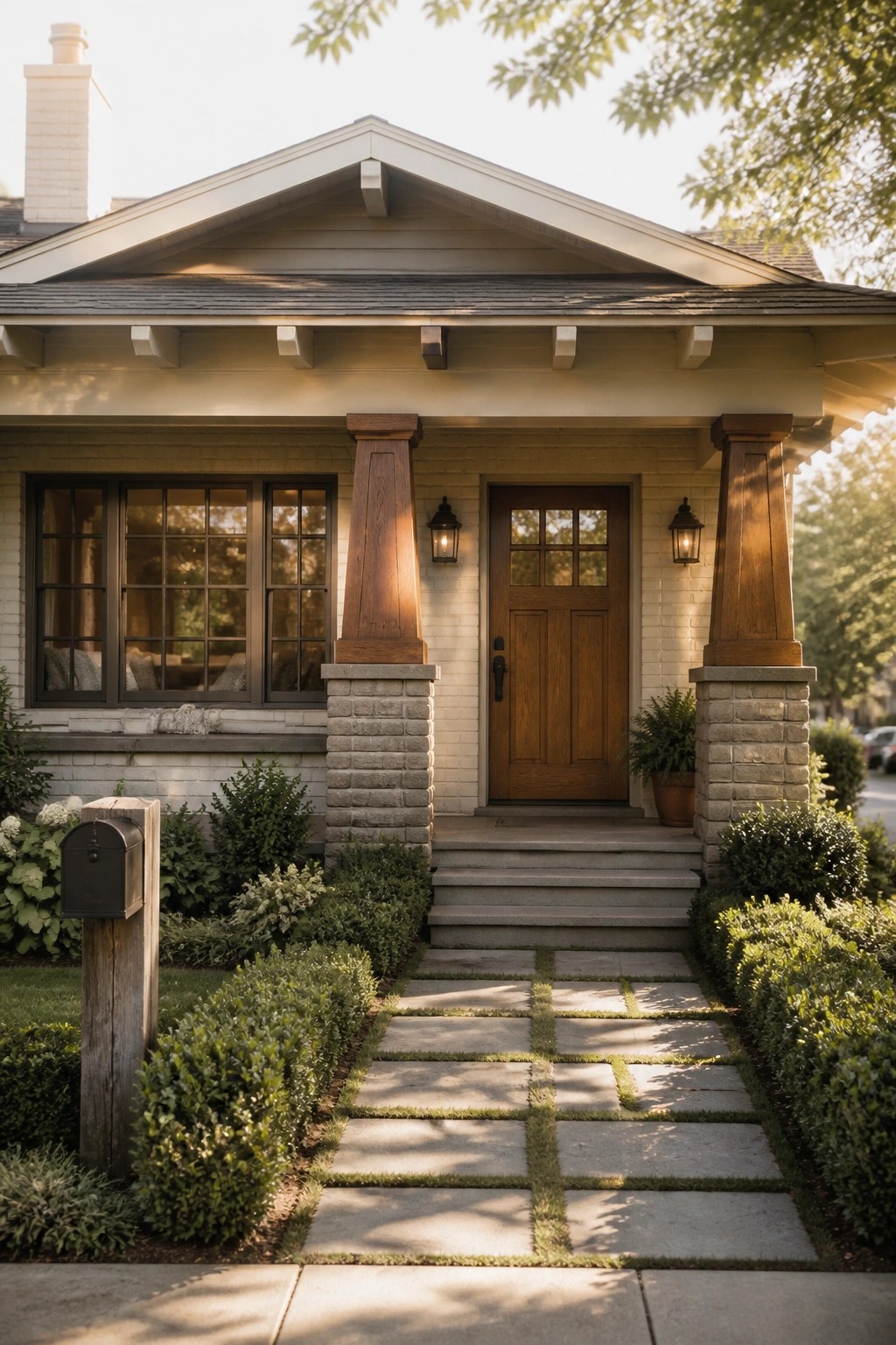 Front view of a house showing a wooden door, windows, and a porch supported by wooden columns resting on stone piers, with a stone pathway and steps leading to the entrance.