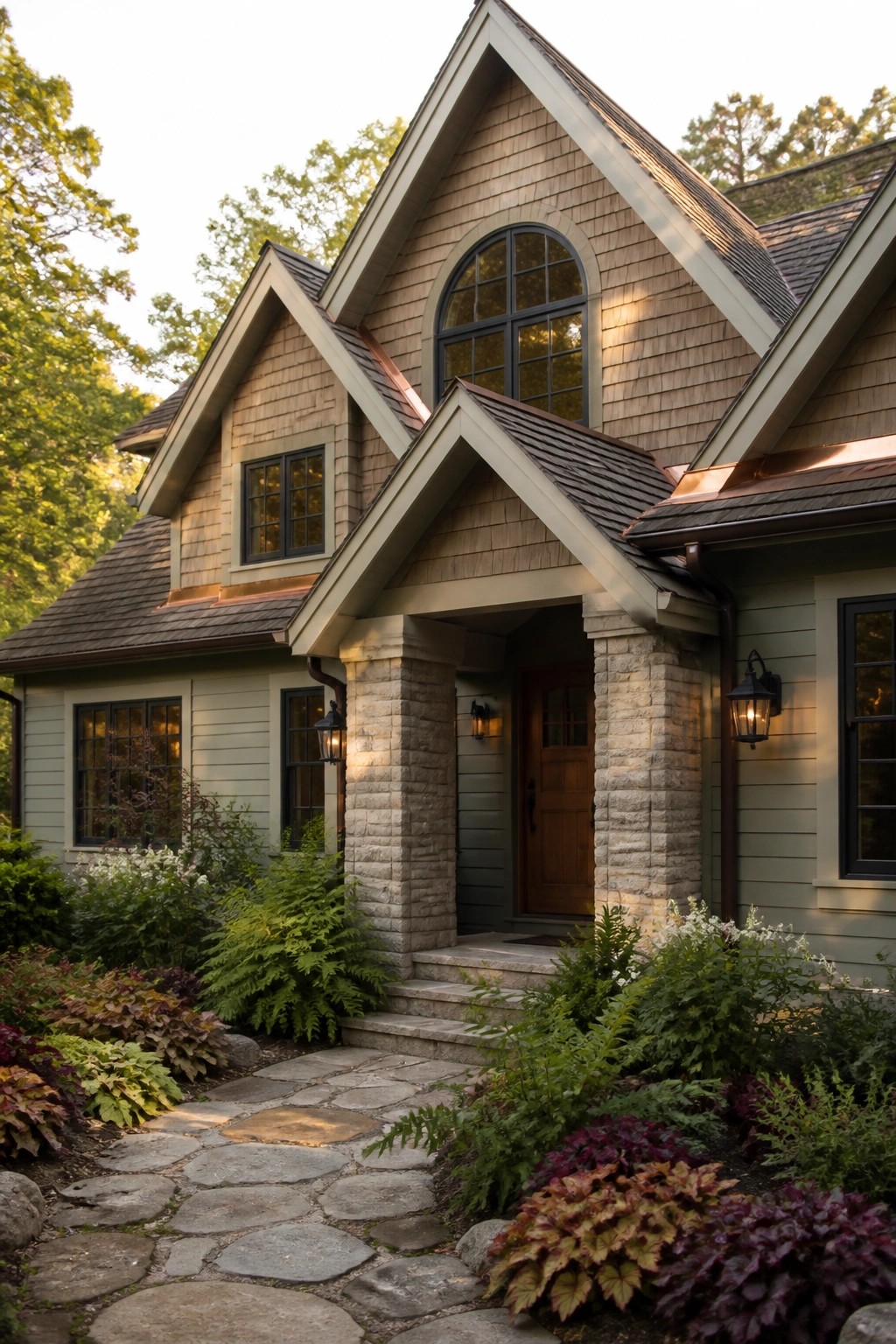 Front view of a house showing a gabled entry porch supported by stone columns, wood shingle siding, and a stone pathway leading to the door.