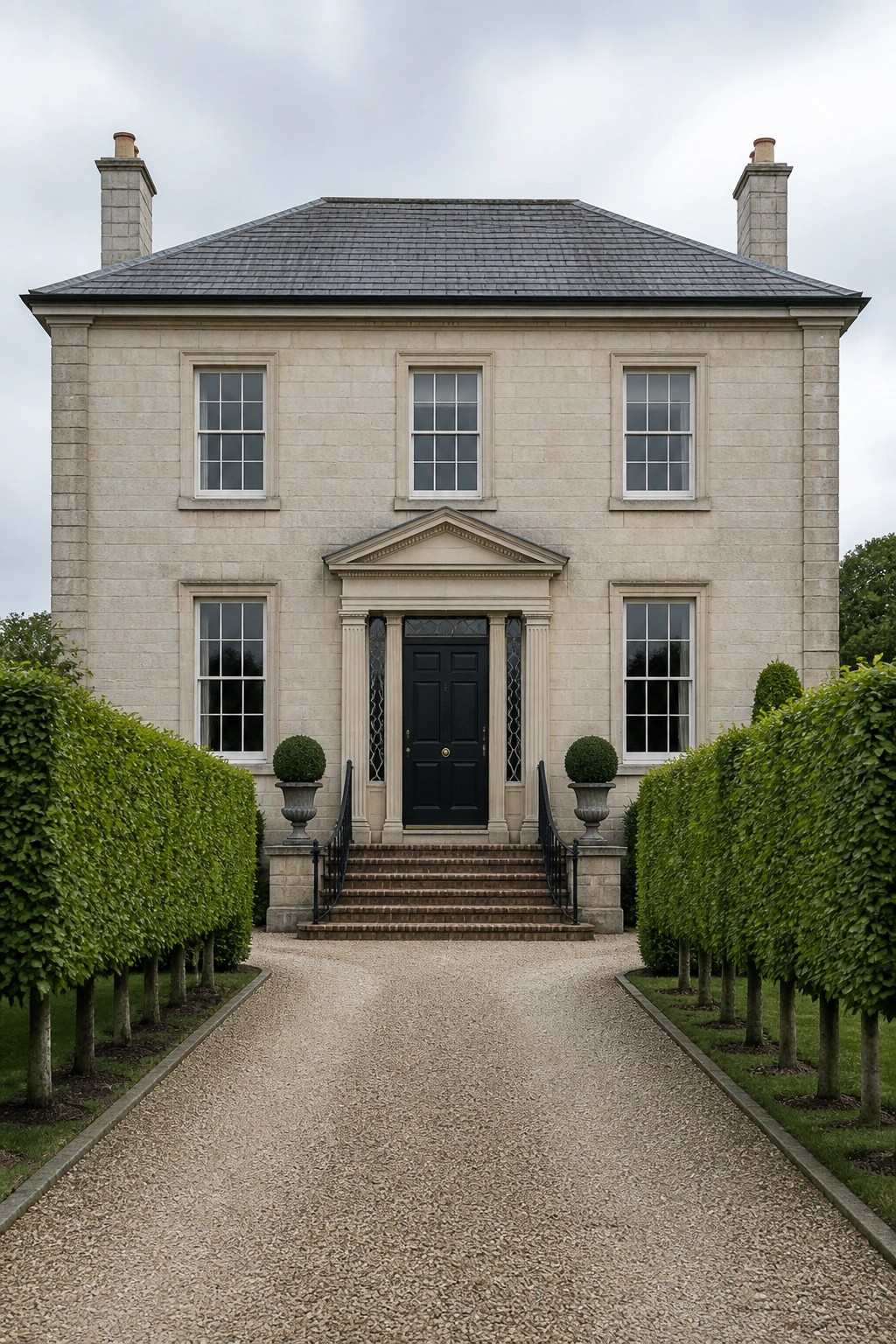 Symmetrical stone mansion with black door, windows, stairs, and gravel driveway lined by hedges.