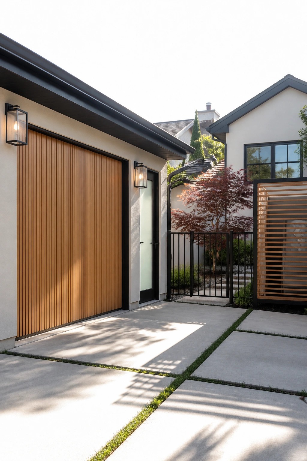 A modern house exterior featuring a large garage door with vertical wood slats, a black-framed glass side door, wall-mounted lanterns, and a concrete pathway leading past a black metal gate.