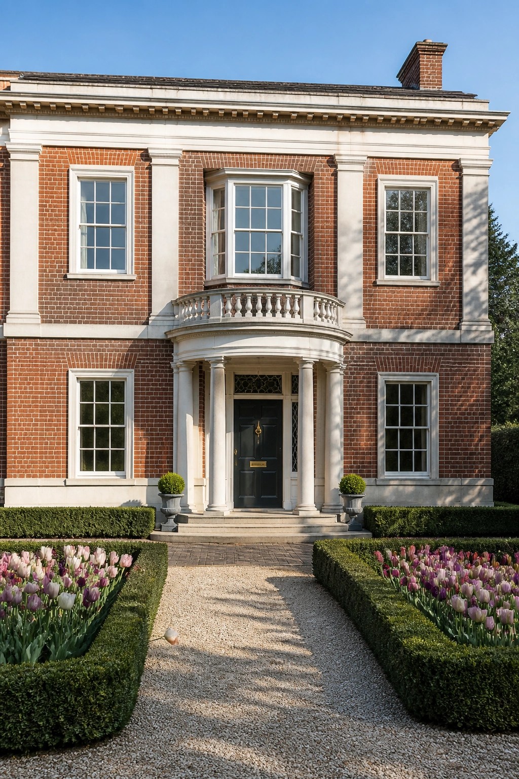 A red brick house with white stone trim shows a centered columned portico over a dark door, a curved balcony above, and evenly spaced windows on both sides.
