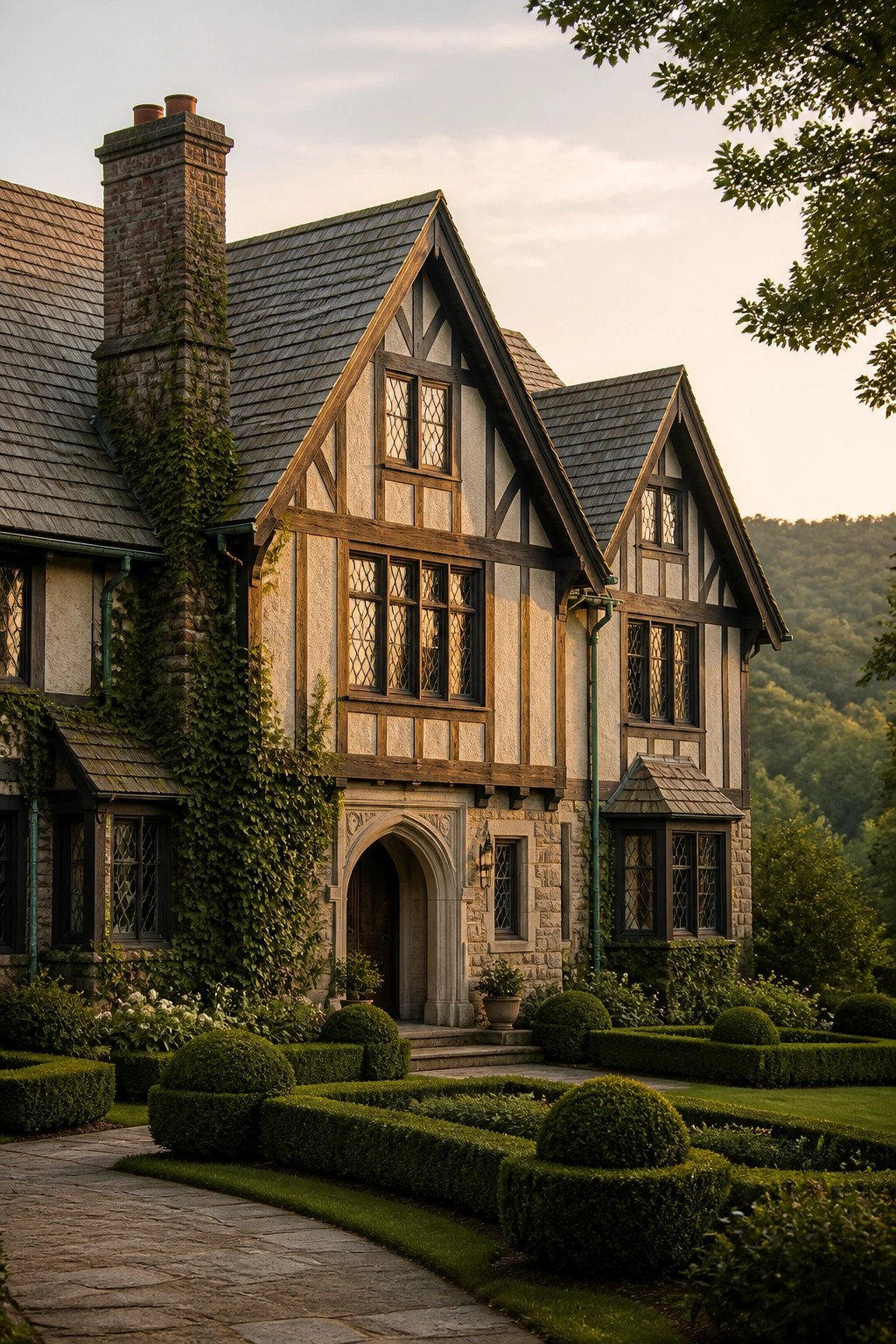 Tudor mansion with ivy-covered stone walls, timber framing, and manicured boxwood gardens.