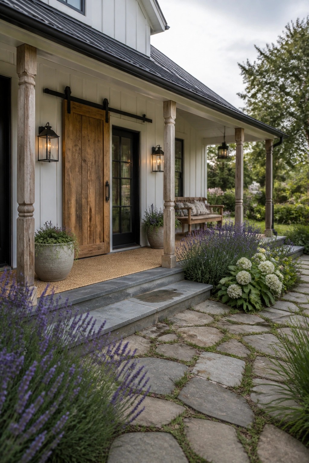 Rustic white farmhouse porch with wooden door, stone path, and blooming lavender.