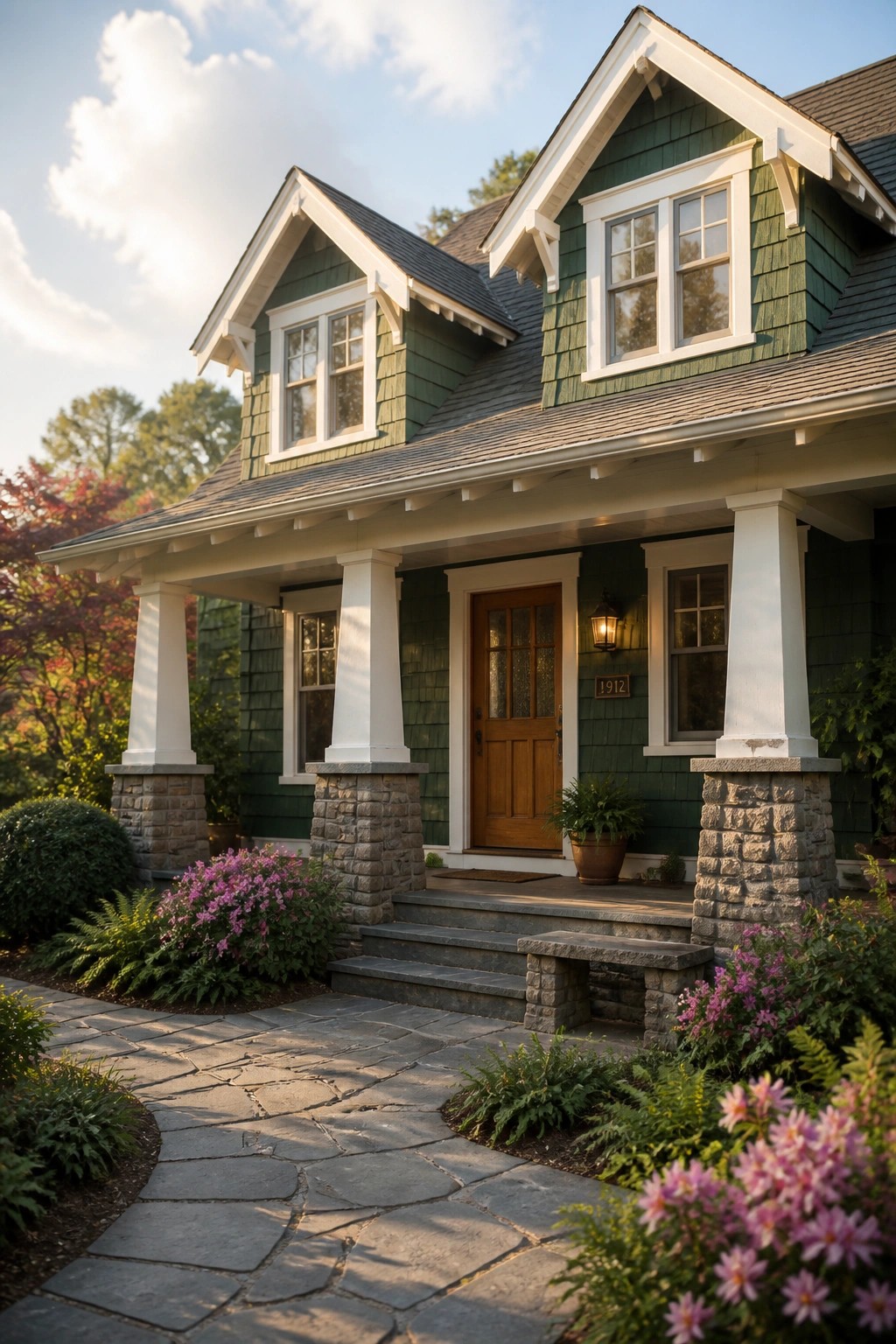 A two-story green shingled house with white trim, a wooden front door, and a covered porch supported by white columns resting on stone bases, with a stone pathway and flower beds in front.