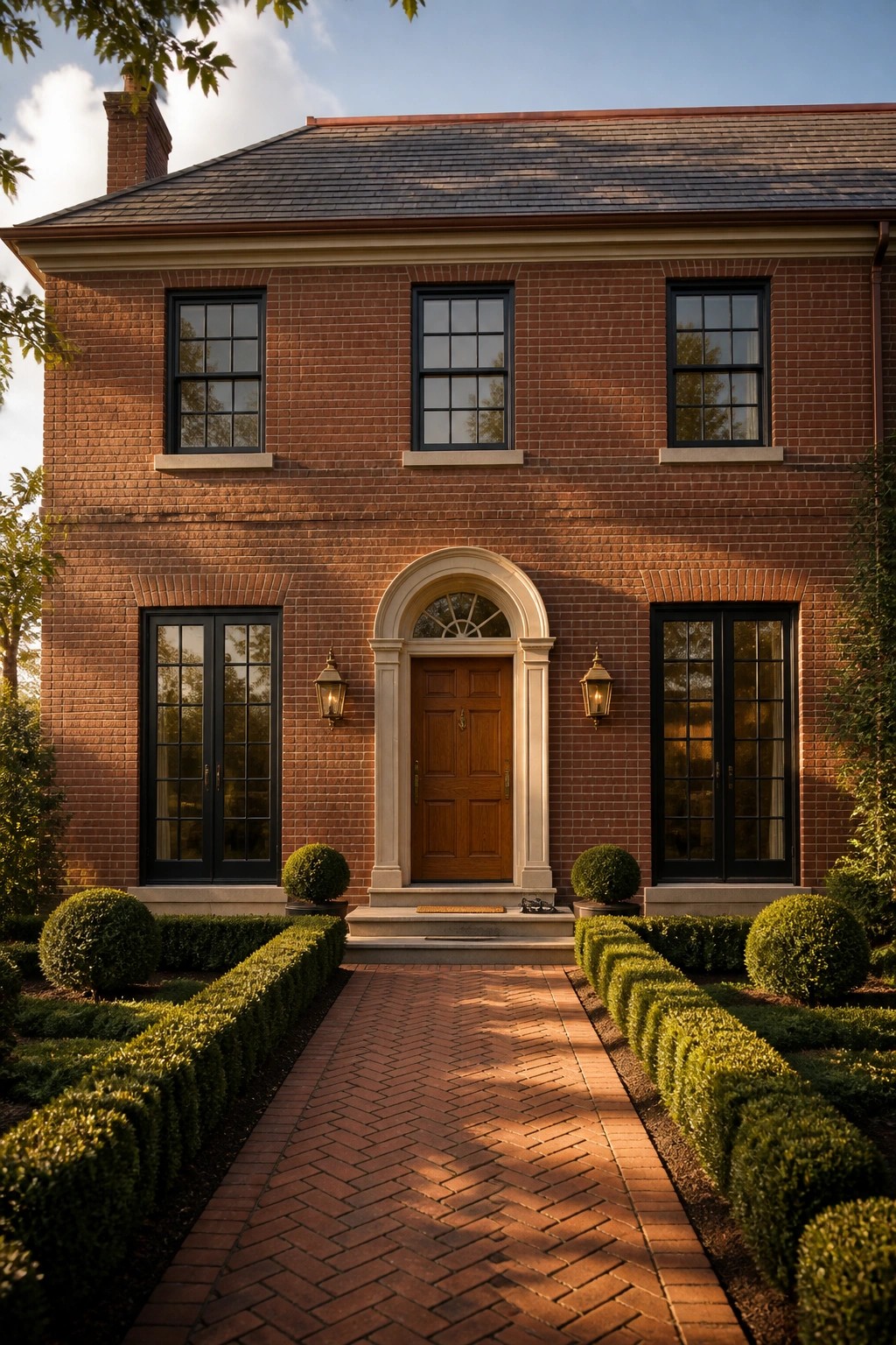 Two-story red brick house with arched wooden door, black windows, brick path, and hedges.