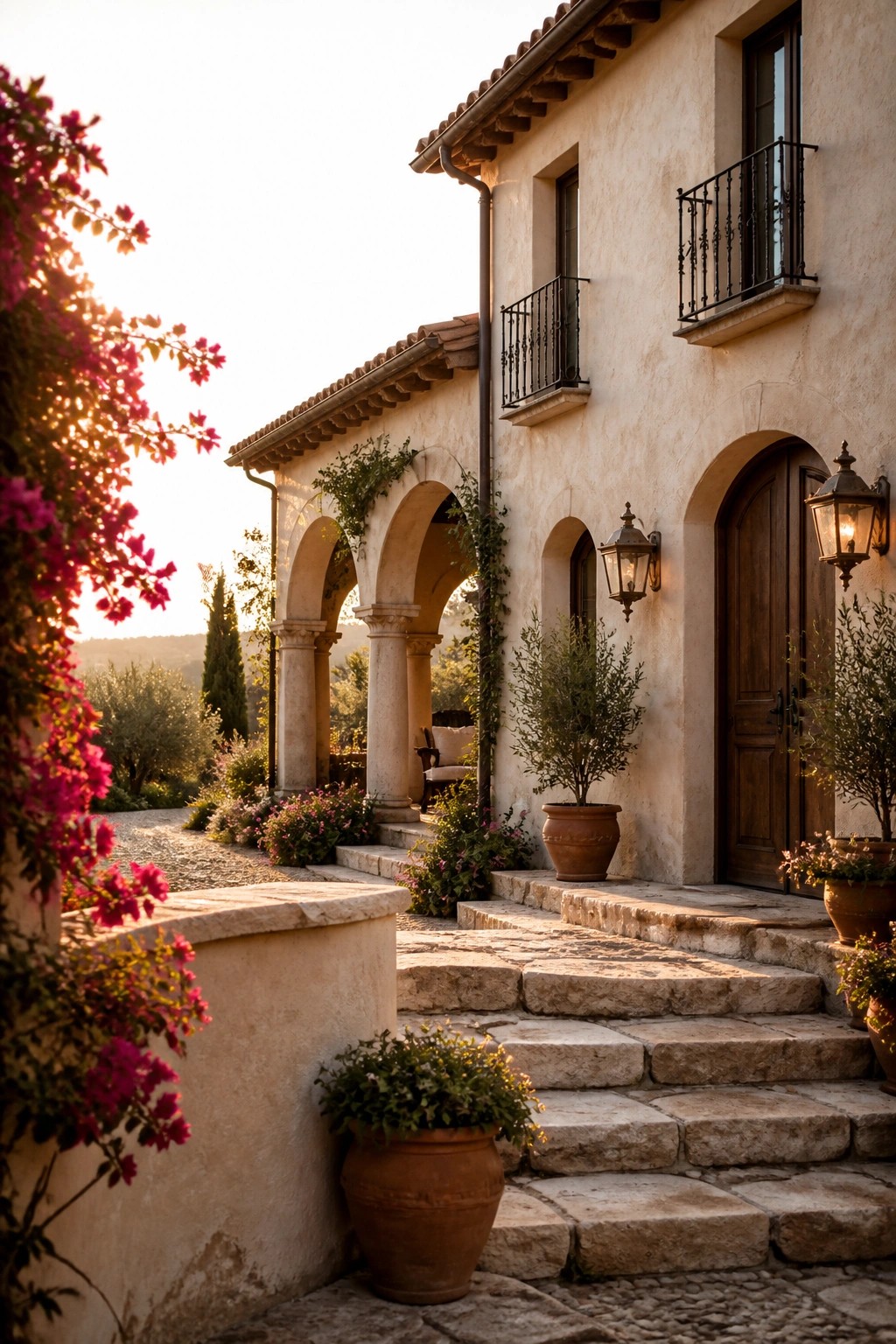 A stucco house exterior with arched portico, stone steps, wooden double door, and terracotta pots at sunset.