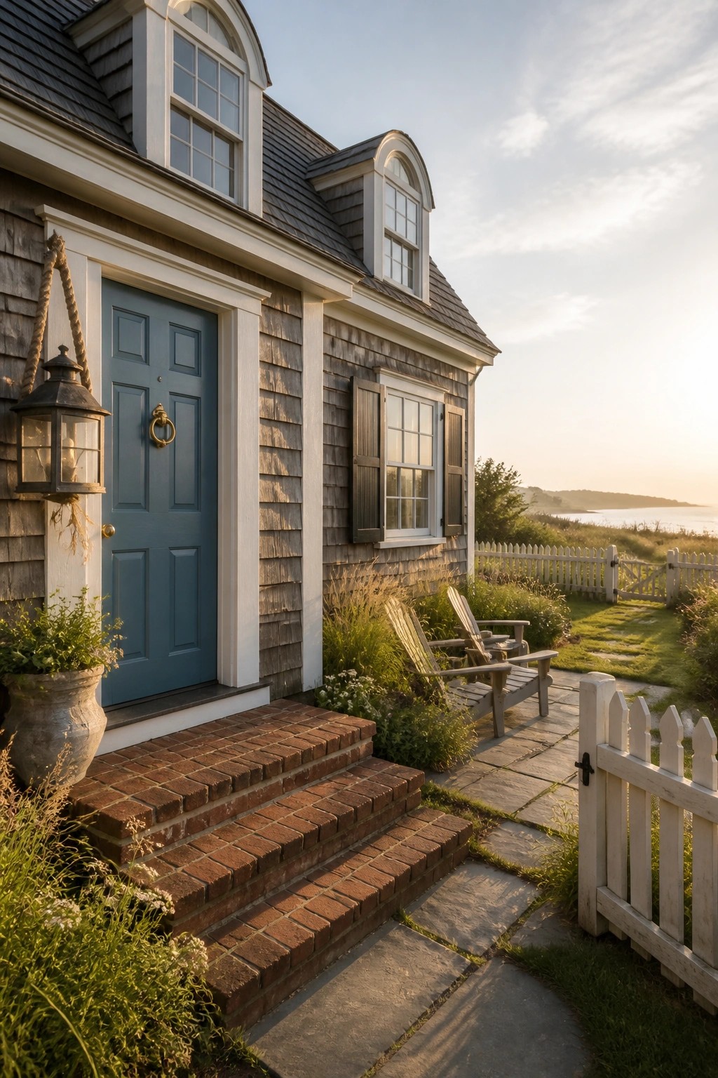A gray cedar shingled house with a blue front door, brick steps, white trim, a white picket fence, and a stone path leading toward the water.
