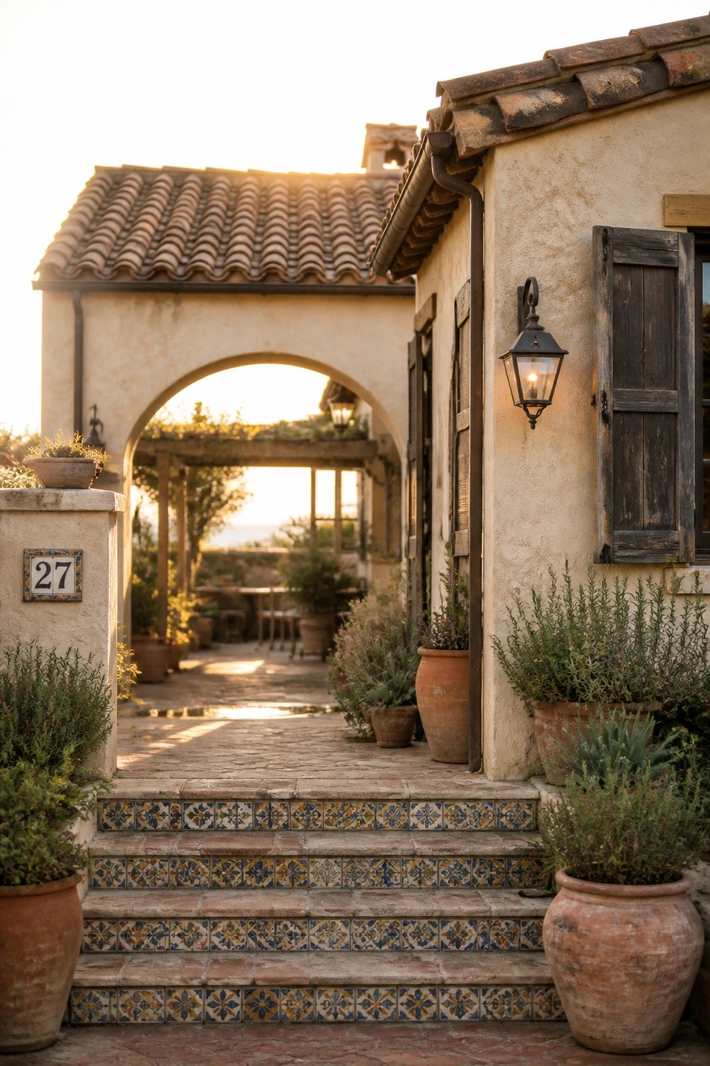 Stone steps with colorful patterned tile risers lead up to a stucco house with an arched entry, wooden shutters, a wall lantern, and terracotta pots on both sides.