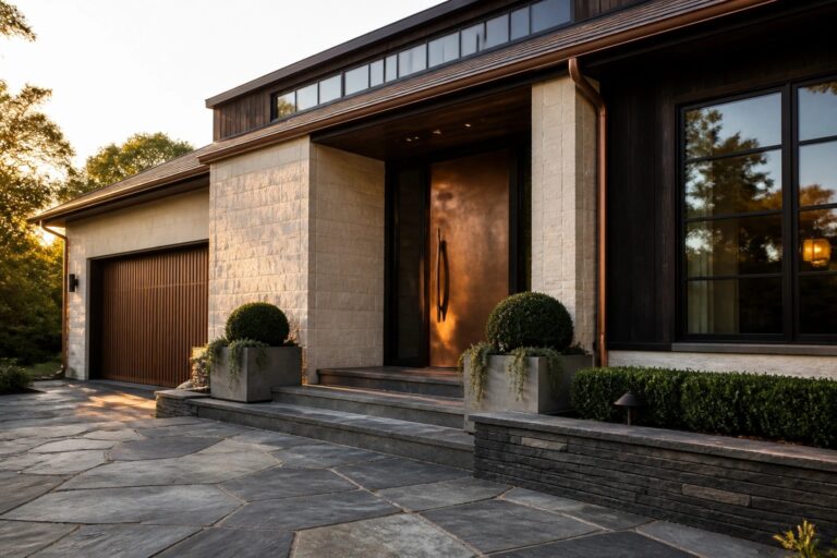 18 Luxury House Exterior Ideas Featuring Premium Materials A modern house exterior featuring light stone walls, dark wood siding, a bronze front door, and wide stone steps.