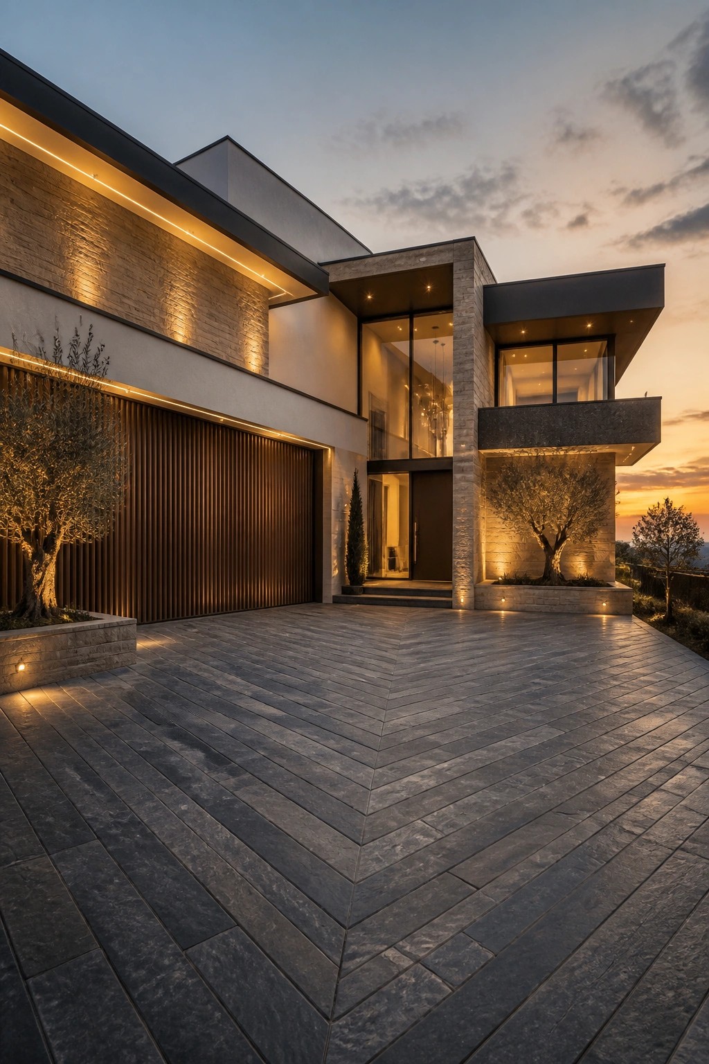 Modern luxury home exterior at dusk featuring illuminated stone walls, vertical wood panels, large glass windows, and a herringbone paved driveway with trees.