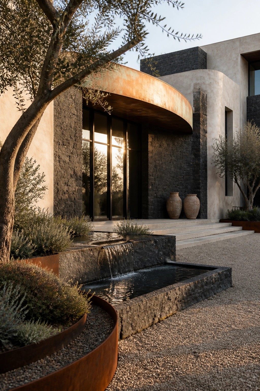 A modern house exterior featuring dark stone walls, a curved copper-toned metal overhang above glass doors, and a stone water feature beside a gravel driveway.