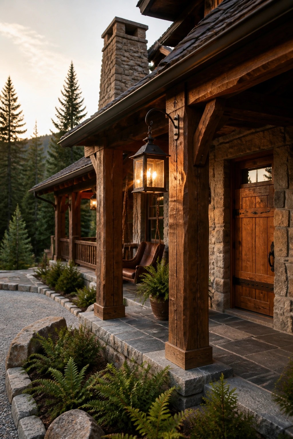 A house porch with thick wooden support beams, stone walls, a wooden door, and a hanging lantern at dusk.