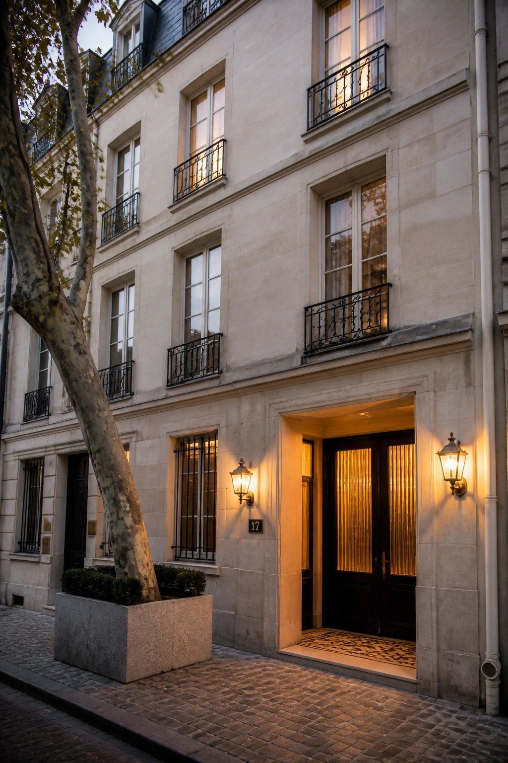 A multi-story light stone building with black iron balconies, windows, and a lit double-door entrance beside wall lanterns.