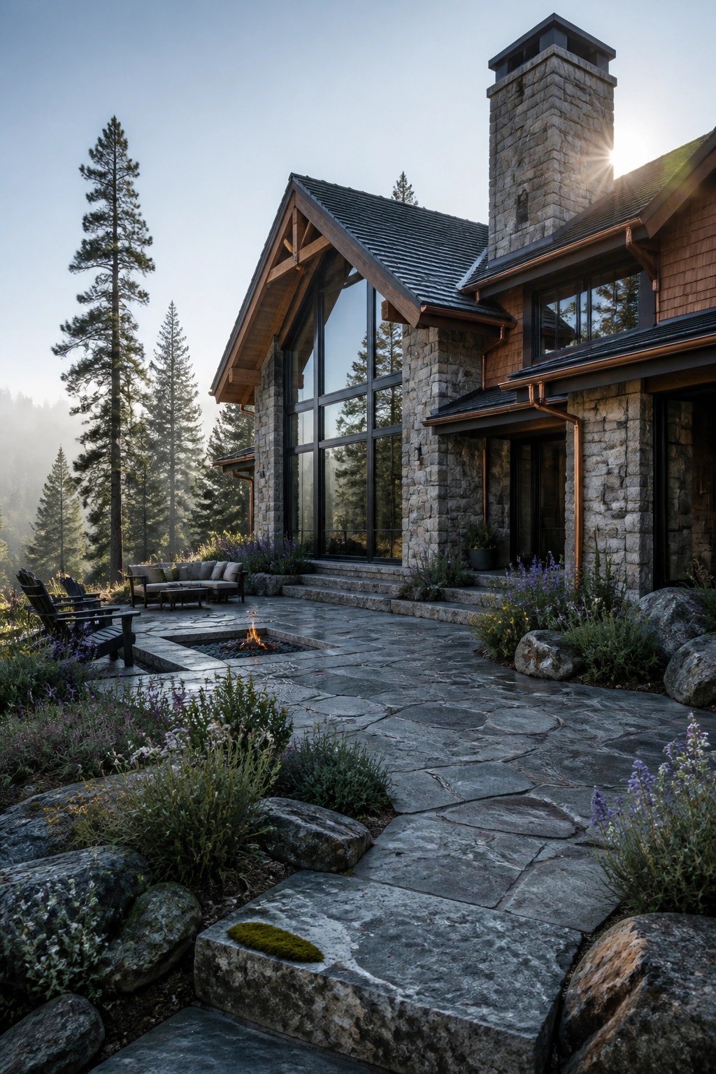 A large house exterior featuring a mix of stone walls and wood siding, a tall stone chimney, large windows, and a stone patio with a fire pit in a forested setting.