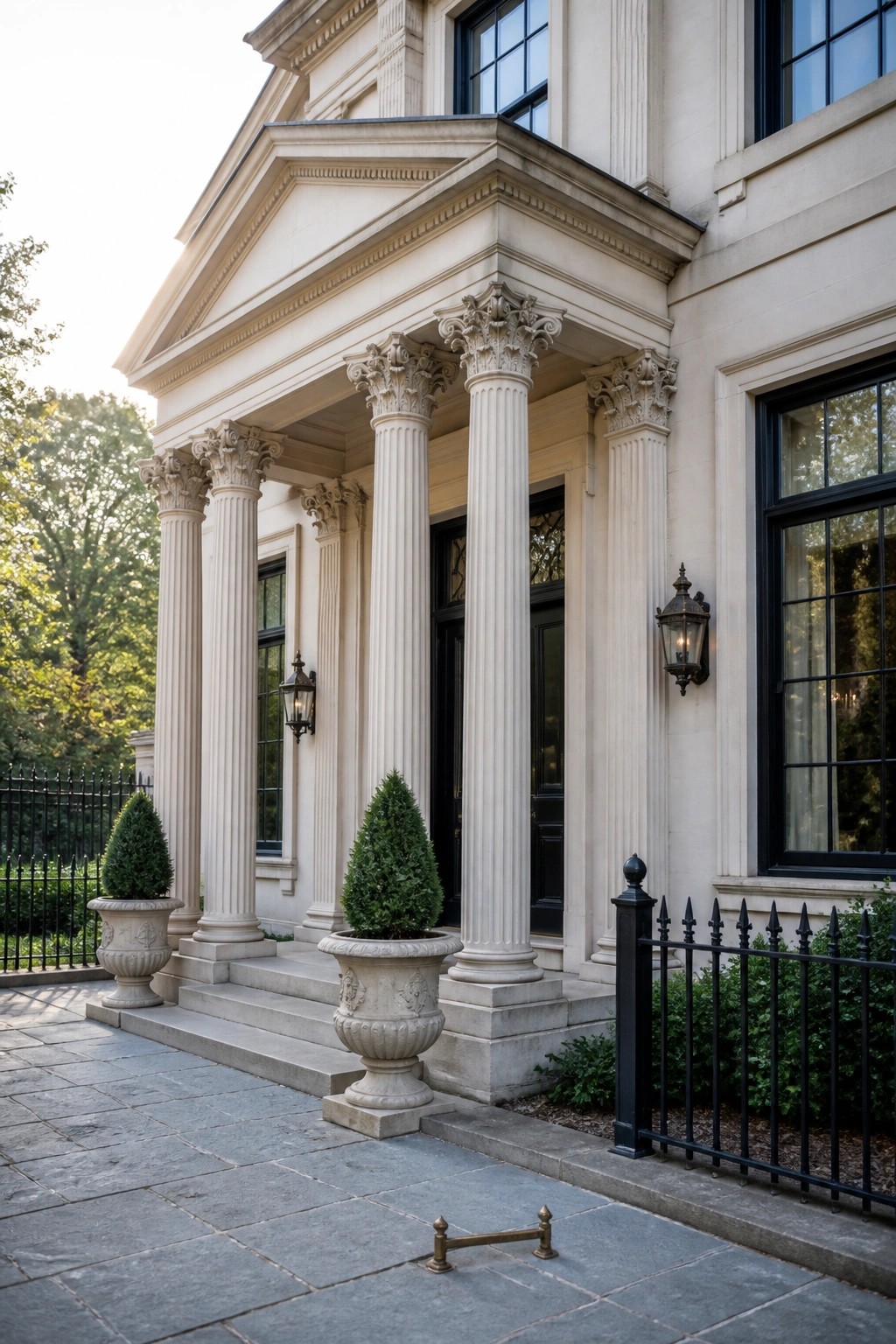 Front entrance of a light stone house with four tall fluted columns supporting a pediment, stone steps, and potted shrubs on either side.