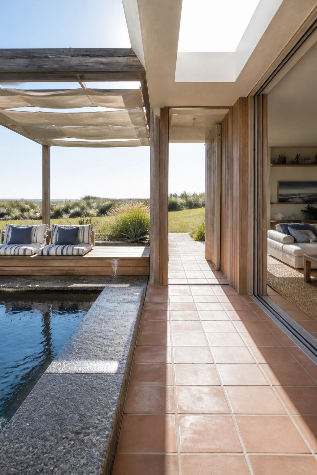 A covered patio with large terracotta tiles, a swimming pool along the left edge, built-in wooden seating with cushions, open folding doors, and a view of grassy dunes beyond.