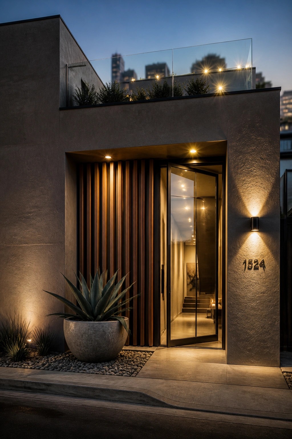 Modern concrete house entrance at dusk with vertical wood slats beside an open glass door, a large potted agave plant, and the number 1524 on the wall.