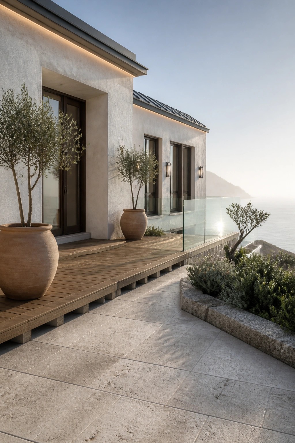 Modern house exterior with light stucco walls, a wooden deck, large terracotta pots, glass railing, and stone paving overlooking the sea.