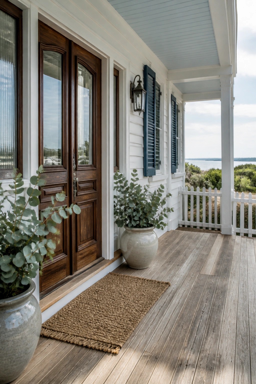 A front porch with dark wood double doors set in white siding, blue shutters on nearby windows, a woven rug on the deck, and a large potted plant beside the entrance.