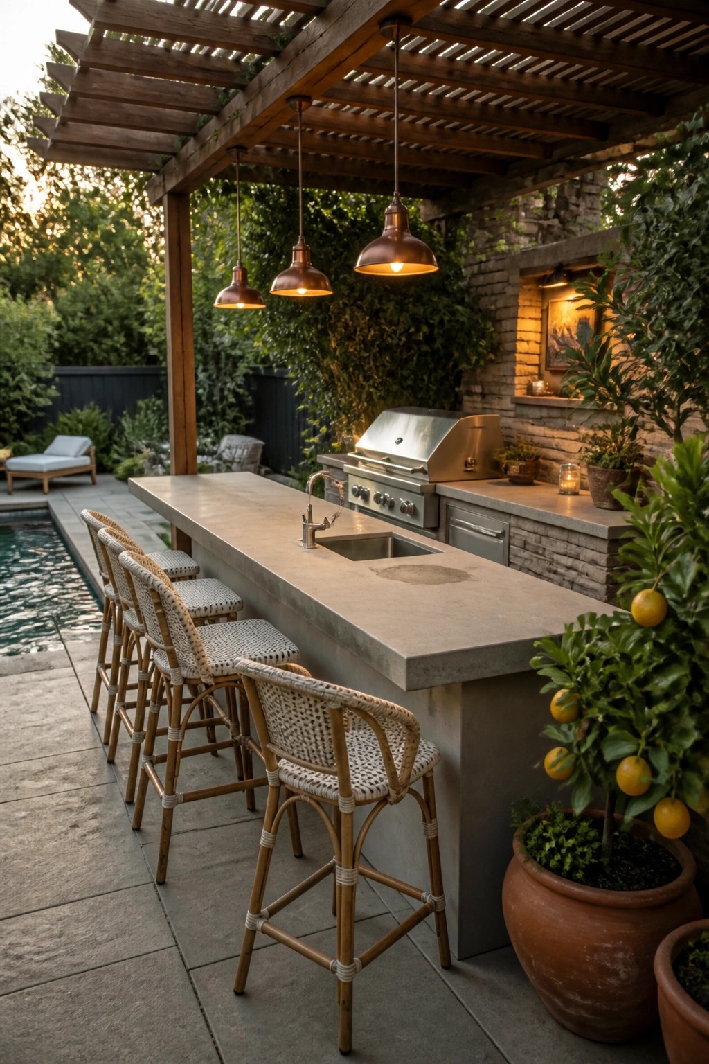 An outdoor kitchen island with a concrete counter, bar stools along one side, and a built-in grill under a wooden pergola beside a pool.